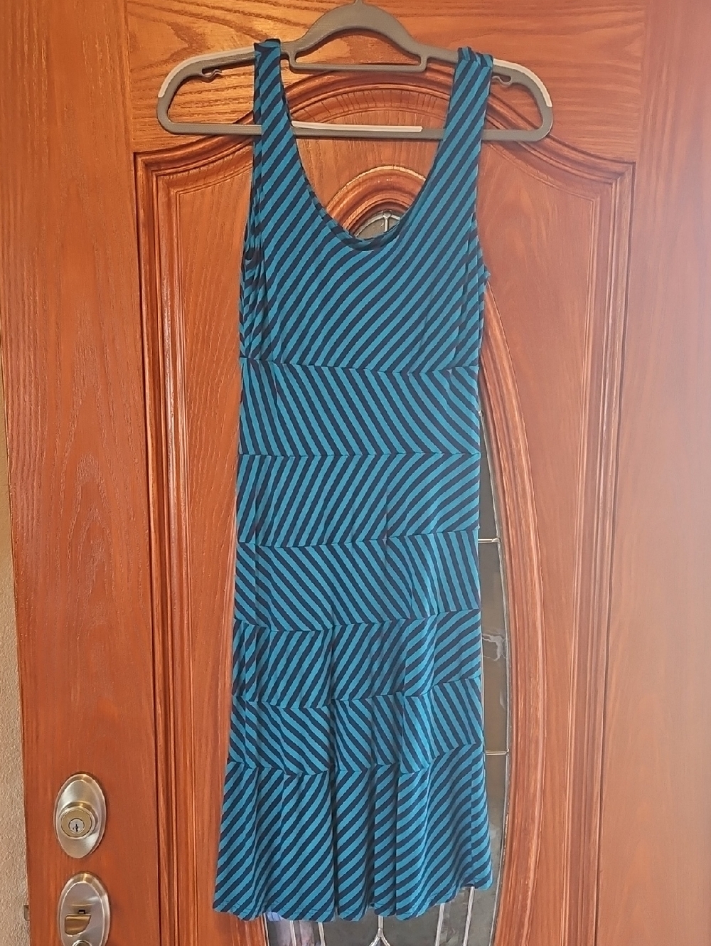 Roz & Ali Teal and Navy Striped Sleeveless Tiered Midi Dress